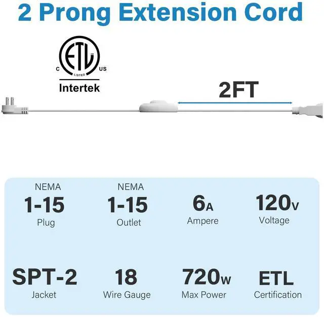 Alt view image 3 of 7 - 2 Prong Polarized Flat Plug Extension Cord 4 FT with Foot Switch for Floor Lamp NEMA 1-15 125V 6A Pedal On/Off Inline Push Switch Step On Power Cord for Holiday Christmas Light Tool Appliance-White