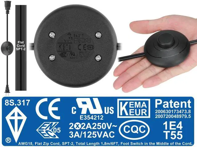 Alt view image 2 of 7 - 6ft/1.8m On/Off Extension Cord Foot Switch Pedal, Switch in Middle of Cord, 2-Prong Polarized Plug and Plug in Outlet AWG18 250VAC Step Switch Floor Lamp Christmas Tree Light Push Button Black