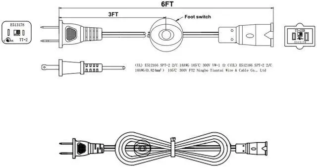 Alt view image 7 of 7 - 2 Prong Polarized Plug Extension Cord with Foot Switch On Off 3A/125V USA Outlet Saver Power Cord SPT-2 18AWG for Chargers/Lamp/Power Adapters etc (6Ft)