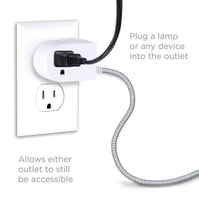 Alt view image 4 of 7 - Extension Cord with Switch On/Off Plug 2 Pack, 6 Ft Braided Power Cord Outlet Switch, 3 Prong, Slip Resistant Base, Tabletop/Wall Mount, Perfect for Lamps/Holiday Lights, White/Gray, 50033