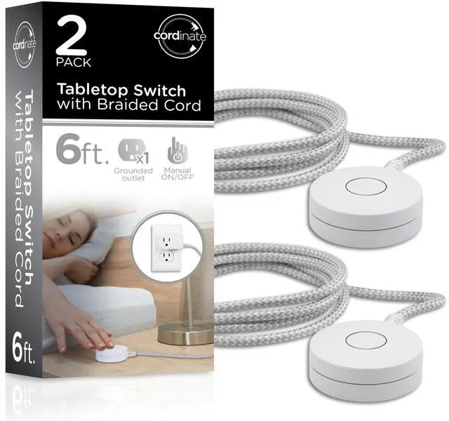 Main image of Extension Cord with Switch On/Off Plug 2 Pack, 6 Ft Braided Power Cord Outlet Switch, 3 Prong, Slip Resistant Base, Tabletop/Wall Mount, Perfect for Lamps/Holiday Lights, White/Gray, 50033