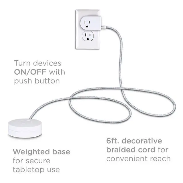 Alt view image 2 of 7 - Extension Cord with Switch On/Off Plug 2 Pack, 6 Ft Braided Power Cord Outlet Switch, 3 Prong, Slip Resistant Base, Tabletop/Wall Mount, Perfect for Lamps/Holiday Lights, White/Gray, 50033