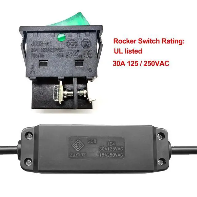 Alt view image 2 of 6 - Inline On/Off Cord Switch, 30A AC125V/250V Large Current Heavy Duty Appliance Rocker Light Switch for High Power Lamp or Equipment, Green Led