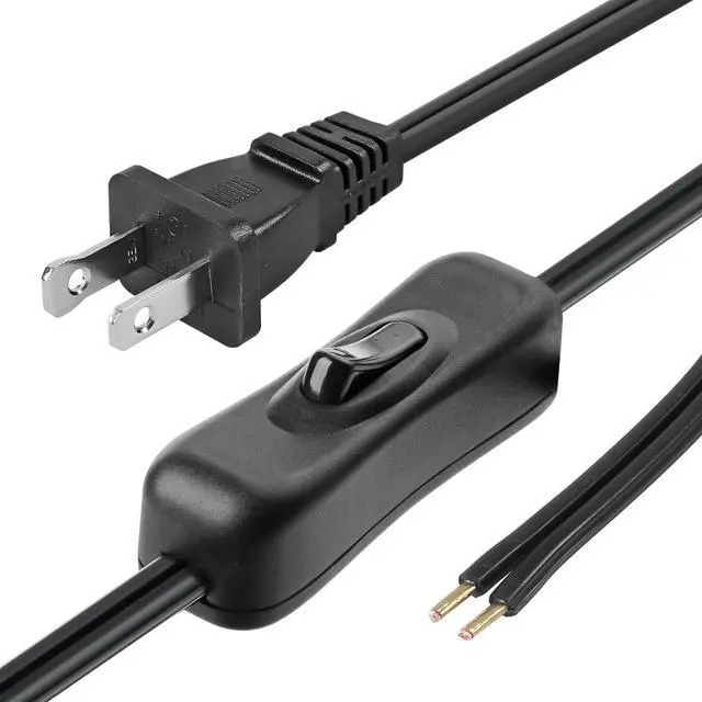 Main image of Lamp Cord has Button Switch UL304 2A/120V,Plug,Stripped Ends Ready for Wiring 18 AWG SPT-2, Black (6FT)
