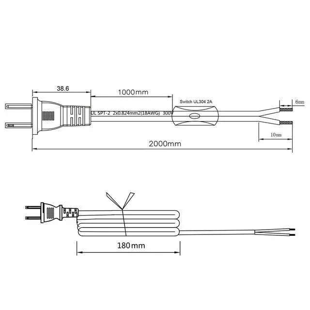 Alt view image 5 of 7 - Lamp Cord has Button Switch UL304 2A/120V,Plug,Stripped Ends Ready for Wiring 18 AWG SPT-2, Black (6FT)