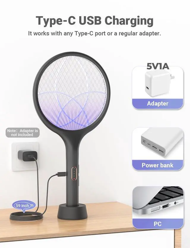 Alt view image 5 of 7 - Electric Fly Swatter 4000V Bug Zapper Racket Dual Modes Mosquito Killer with Purple Mosquito Light Rechargeable for Indoor Home Office Backyard Patio Camping (Black-2 Pack)
