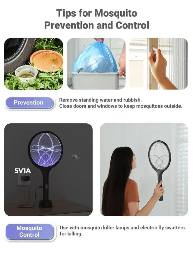 Alt view image 6 of 7 - Electric Fly Swatter 4000V Bug Zapper Racket Dual Modes Mosquito Killer with Purple Mosquito Light Rechargeable for Indoor Home Office Backyard Patio Camping (Black-2 Pack)