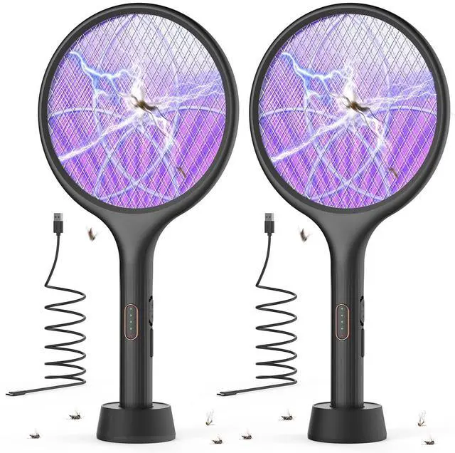 Main image of Electric Fly Swatter 4000V Bug Zapper Racket Dual Modes Mosquito Killer with Purple Mosquito Light Rechargeable for Indoor Home Office Backyard Patio Camping (Black-2 Pack)