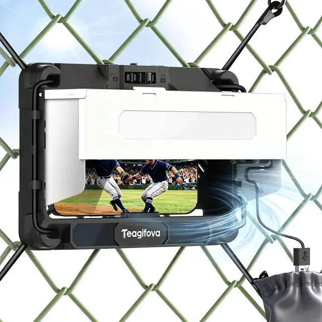 Main image of Phone Fence Mount with Shade & Cooling Fan - Gamechanger Streaming Kit for Baseball, Softball & Tennis - No Fence Bars in Frame (Phone Closer & Wider View)