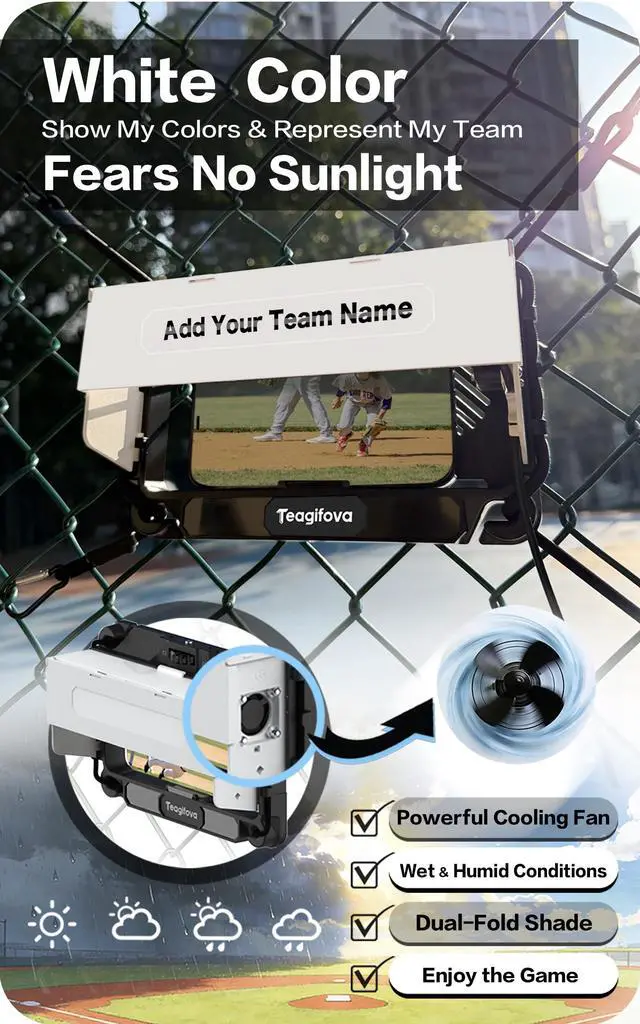 Alt view image 2 of 6 - Phone Fence Mount with Shade & Cooling Fan - Gamechanger Streaming Kit for Baseball, Softball & Tennis - No Fence Bars in Frame (Phone Closer & Wider View)