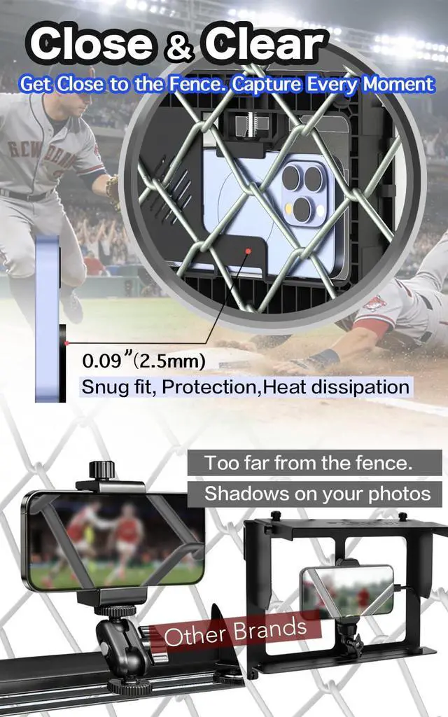 Alt view image 4 of 6 - Phone Fence Mount with Shade & Cooling Fan - Gamechanger Streaming Kit for Baseball, Softball & Tennis - No Fence Bars in Frame (Phone Closer & Wider View)