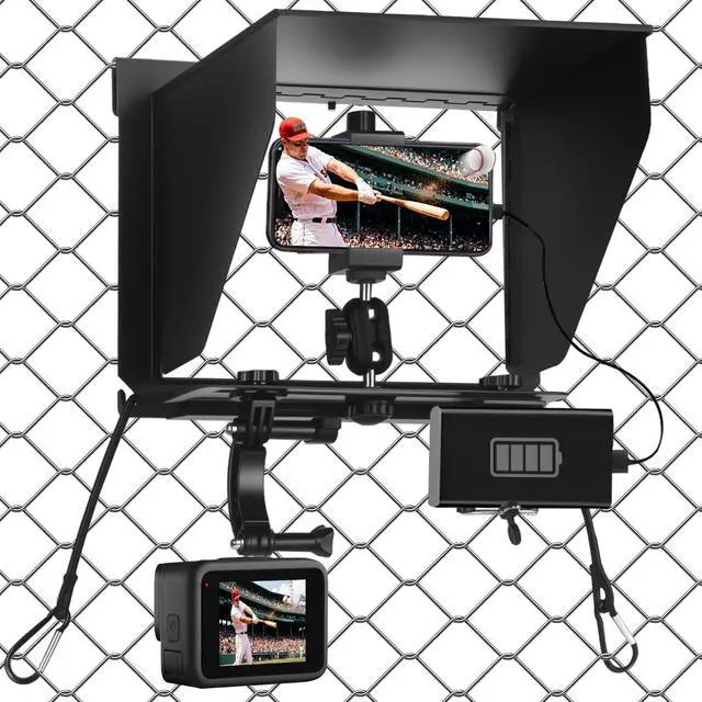 Main image of Cell Phone Fence Mount with Shade, Game Changer Mounting kit for iPhones, Mevo Start, GoPro, Insta 360 and Other Action Cameras, for Recording Baseball,Softball and Tennis Games(Matte Black)