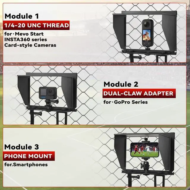 Alt view image 3 of 7 - Cell Phone Fence Mount with Shade, Game Changer Mounting kit for iPhones, Mevo Start, GoPro, Insta 360 and Other Action Cameras, for Recording Baseball,Softball and Tennis Games(Matte Black)