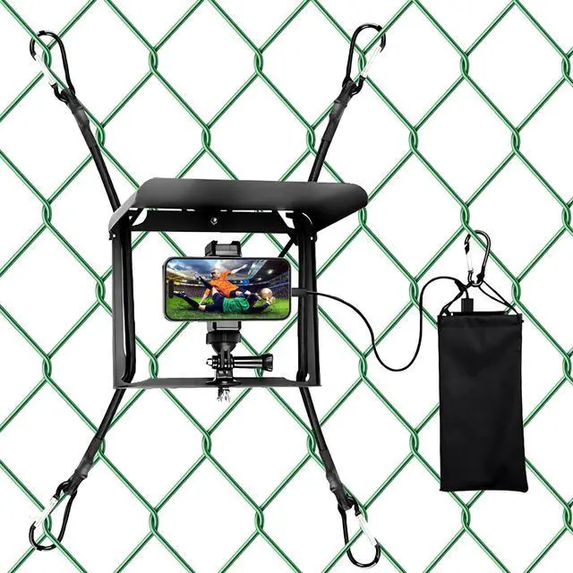 Main image of Cell Phone Fence Mount with Foldable Shade, Game Changer Mounting Kit for iPhone, GoPro, Mevo Start, Tool-Free Streaming Kits with Carry Bag & Power Pocket for Baseball, Softball & Tennis