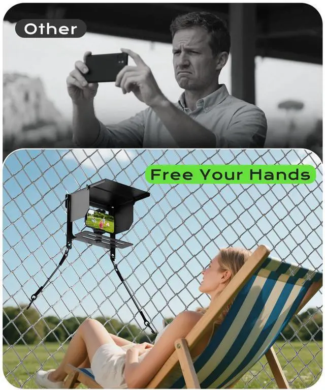 Alt view image 5 of 7 - Cell Phone Fence Mount Shade - All-in-One Mounting Kit for iPhone, GoPro, Samsung, Mevo Start, Insta360 and Action Cameras, Ideal for Recording Baseball, Football, Tennis Games