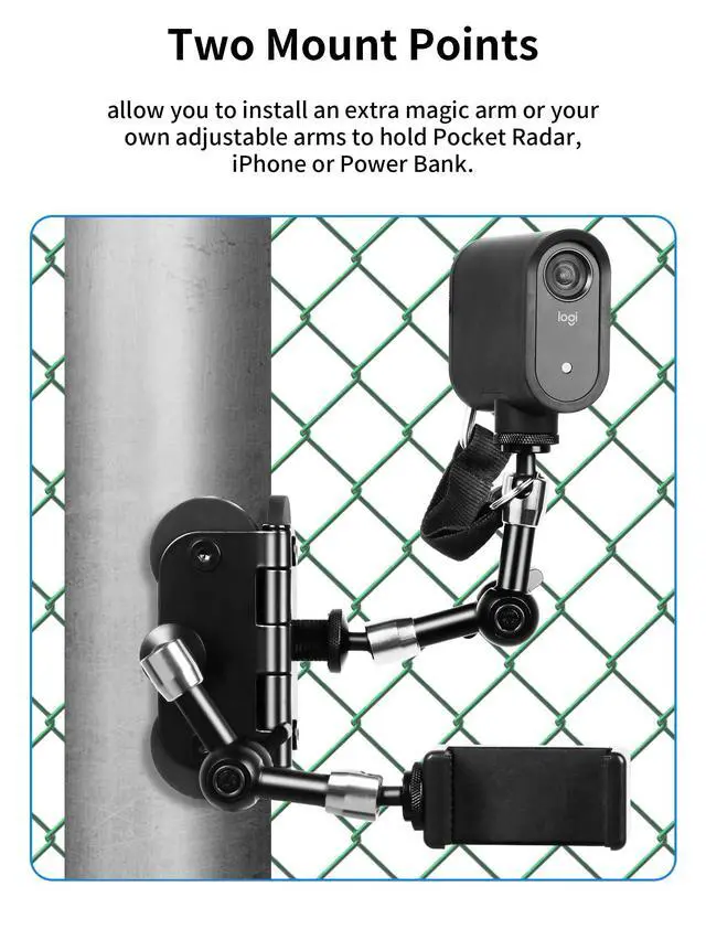 Alt view image 4 of 7 - Magnetic Fence Mount Live Streaming Kit for Mevo Start,Gopro, iPhone and Pocket Radar,Two 1/4'' Mount Points Camera Magnet Holder for Gamechanger at Baseballl,Softball Field