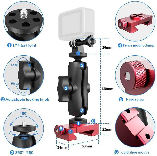 Alt view image 6 of 7 - Upgraded Aluminum Fence Mount with Shade - Game Changer Mounting Kit Fence Mount for iPhone Gopro, Mevo Start, Insta360 for Baseball, Pickleball, Tennis, Softball, Football Games Recording
