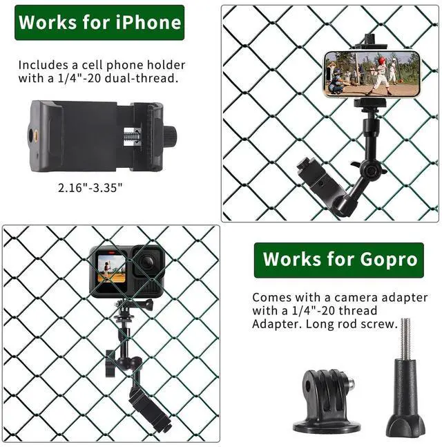 Alt view image 2 of 5 - Fence Mount for Mevo Start Aluminum Game Changer Mounting Kit with Dual 1/4 Mount Points, Compatible with GoPro/Cell Phone, All Metal Arm for Recording Baseball/Softball and Tennis Game