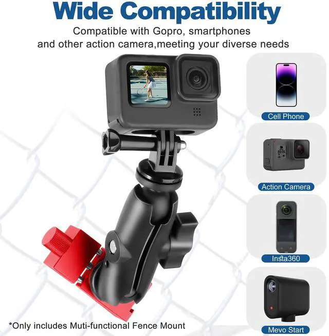 Alt view image 2 of 7 - Fence Mount for Gopro, Aluminum Phone Fence Mount Compatible with Gopro, Mevo Start, Smartphone, Action Camera, Insta360, Game Changer Mounting Kit for Baseball, Softball, Tennis, Football Recording