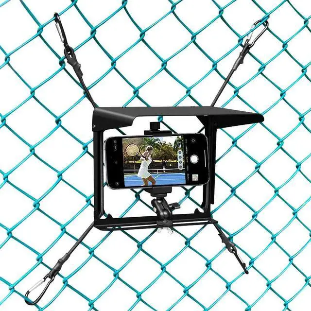 Main image of Cell Phone Fence Mount with Shade, Phones Holder Mounting Kit for iPhone, Mevo Start, GoPro and Other Action Cameras, for Recording Baseball, Hockey, Softball and Tennis Games (Black)