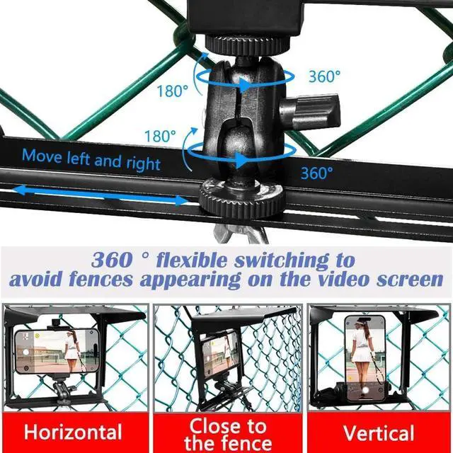 Alt view image 6 of 7 - Cell Phone Fence Mount with Shade, Phones Holder Mounting Kit for iPhone, Mevo Start, GoPro and Other Action Cameras, for Recording Baseball, Hockey, Softball and Tennis Games (Black)