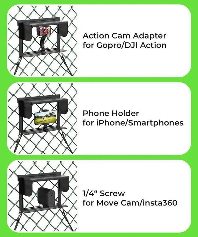 Alt view image 5 of 7 - Foldable Phone Fence Mount with Sunshade Ultra-Thin Portable All-in-One Kit for iPhone, GoPro, Mevo, Insta360 & Action Cameras Stable Hands for Baseball, Football & Soccer Games