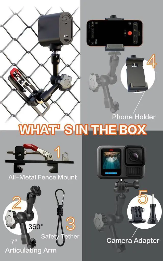 Alt view image 2 of 6 - Fence Mount for Mevo Start and iPhone - Adjustable Fence Clip Mount Holder with Three 1/4 inch Camera Mounting Points, Quick Setup Game Changer Mounting Kit for Baseball/Softball Games