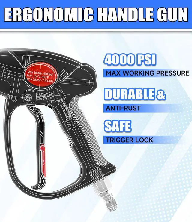 Alt view image 5 of 7 - Swivel Pressure Washer Gun, 40 Inch Power Washer Wand with 3/8" Quick Connect, 4000 PSI High Pressure Spray Gun for Car Wash, 5 Nozzle Tips