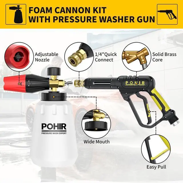 Alt view image 2 of 7 - Pressure Washer Gun with Foam Cannon & 50ft Power Washer Hose, 3600PSI Pressure Washing Kit with 15" Extension Wand & 7 Nozzle Tips, 3/8'' Quick Connector & M22 15mm/14mm Fittings
