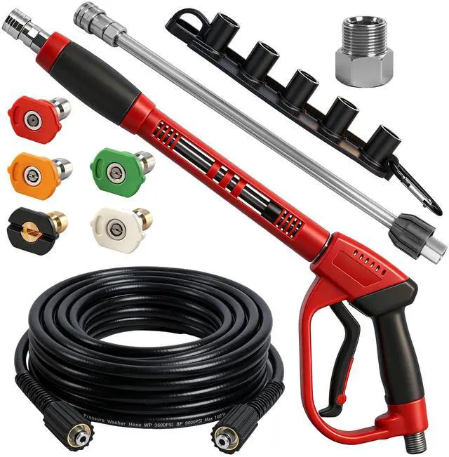 Main image of Pressure Washer Gun and Hose Kit, 30 FT Kink Resistant Power Washer Hose and Replacement Wand Extension, 5 Nozzle Tips, M22-14 Fitting, 3600 PSI