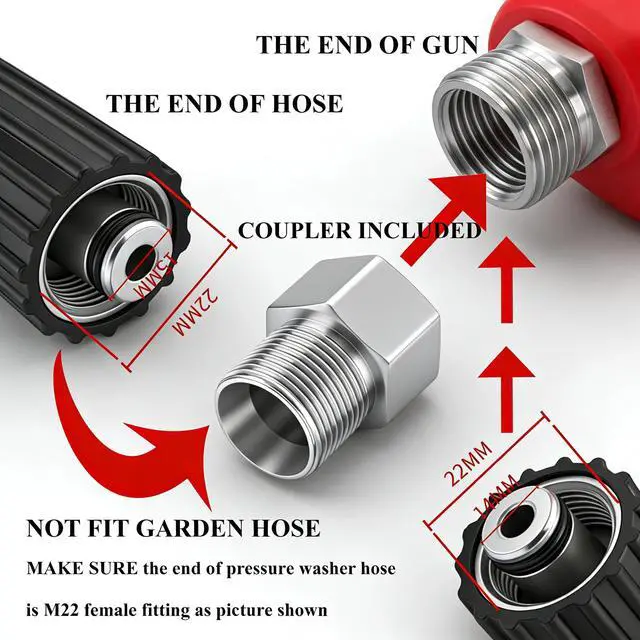 Alt view image 5 of 7 - Pressure Washer Gun and Hose Kit, 30 FT Kink Resistant Power Washer Hose and Replacement Wand Extension, 5 Nozzle Tips, M22-14 Fitting, 3600 PSI