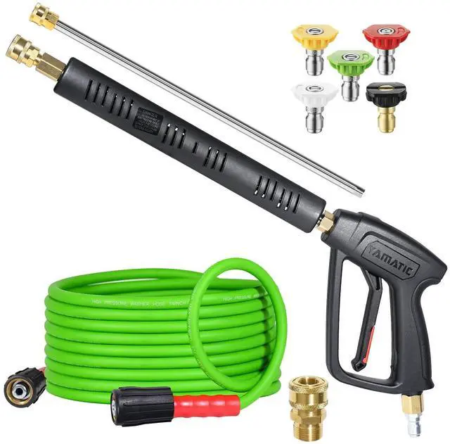 Main image of Pressure Washer Gun and Hose, 25 FT Flexible Hose with Stainless Steel Extension Power Washer Wand, 3/8" Swivel Quick Connect & M22-14mm Adapter Replacement for Ryobi Simpson Honda (Green)