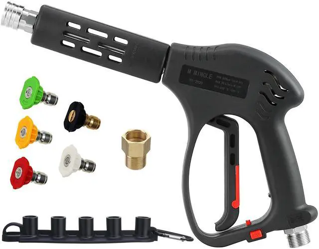 Main image of Short High Pressure Washer Gun, 5000 PSI, Replacement for Hot and Cold Water, M22 Fitting, 5 Nozzle Tips