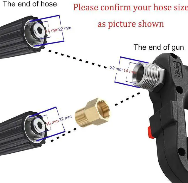 Alt view image 2 of 7 - Short High Pressure Washer Gun, 5000 PSI, Replacement for Hot and Cold Water, M22 Fitting, 5 Nozzle Tips
