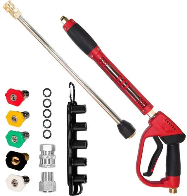 Main image of Pressure Washer Gun, Red High Power Washer Gun with Replacement Wand Extension, 5 Nozzle Tips, M22 Fittings, 40 Inch, 5000 PSI