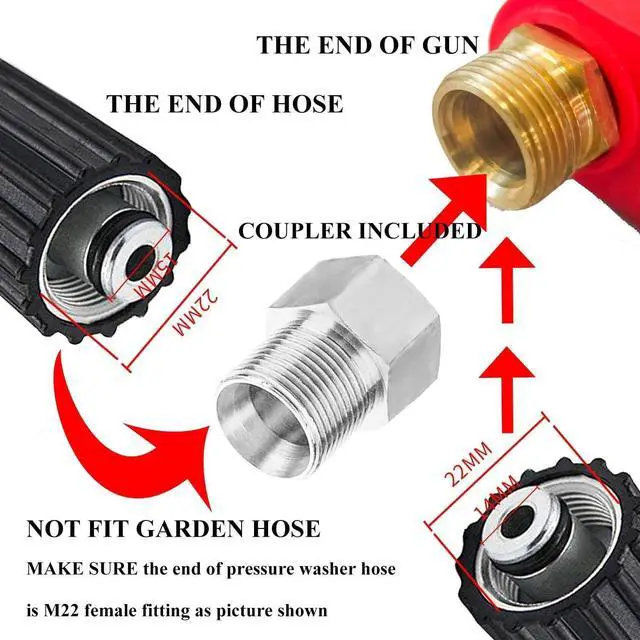 Alt view image 4 of 7 - Pressure Washer Gun, Red High Power Washer Gun with Replacement Wand Extension, 5 Nozzle Tips, M22 Fittings, 40 Inch, 5000 PSI