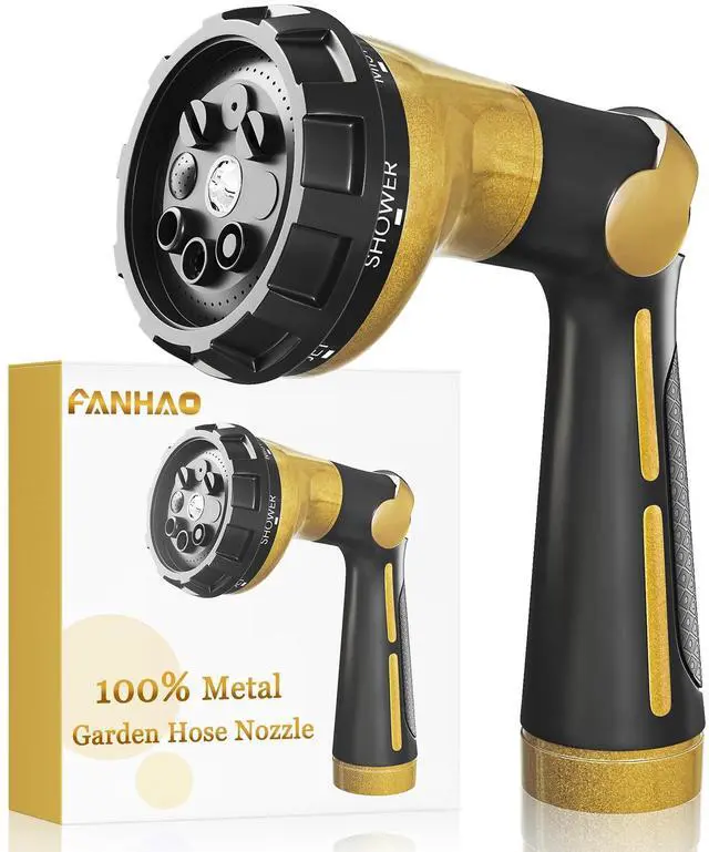 Main image of Garden Hose Nozzle Heavy Duty, 100% Metal Water Hose Sprayer with 8 Spray Patterns, High Pressure Spray Nozzle Thumb Control On Off Valve for Outdoor Lawn & Plant Watering, Car & Pet Washing