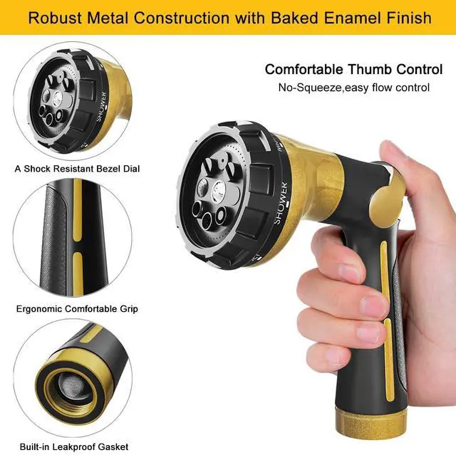 Alt view image 3 of 6 - Garden Hose Nozzle Heavy Duty, 100% Metal Water Hose Sprayer with 8 Spray Patterns, High Pressure Spray Nozzle Thumb Control On Off Valve for Outdoor Lawn & Plant Watering, Car & Pet Washing
