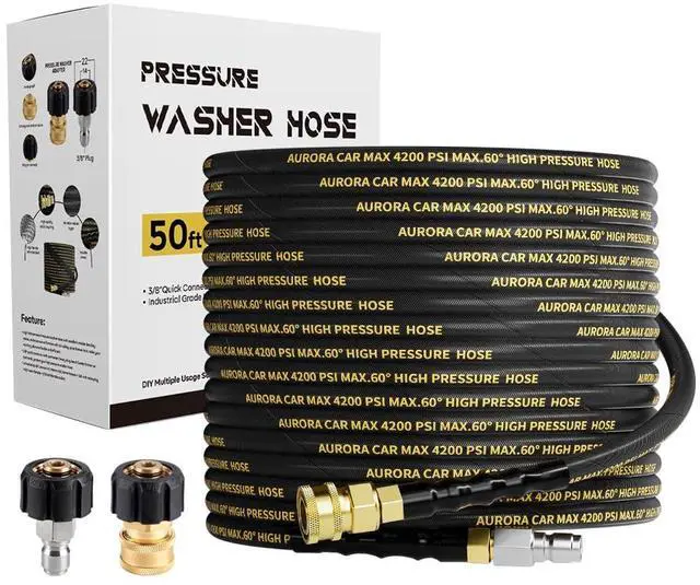 Main image of Pressure Washer Hose 50FT with 3/8 Inch Quick Connect, Kink Resistant High Tensile Wire Power Washer Hose, Industry Grade for Power Washer Hose with 2 pcs M22 14mm Adapter Set,4200 PSI