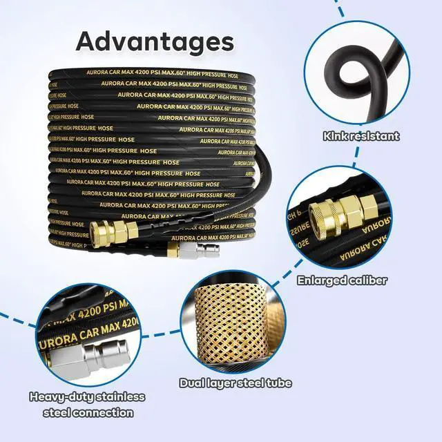Alt view image 2 of 6 - Pressure Washer Hose 50FT with 3/8 Inch Quick Connect, Kink Resistant High Tensile Wire Power Washer Hose, Industry Grade for Power Washer Hose with 2 pcs M22 14mm Adapter Set,4200 PSI