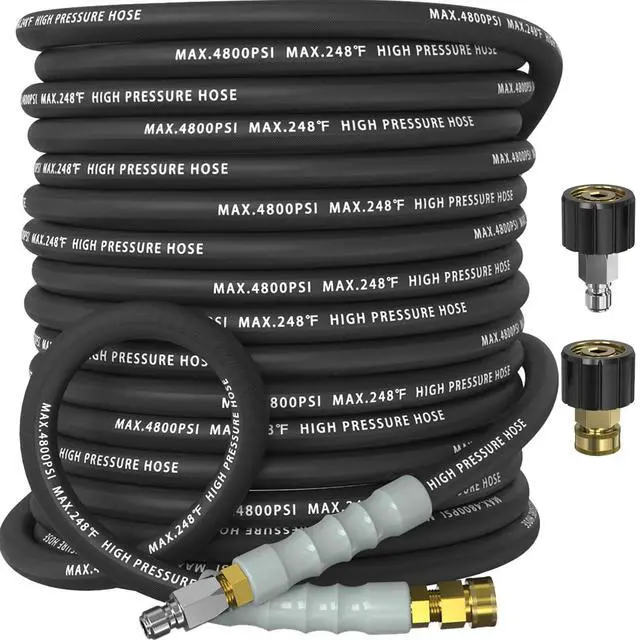 Main image of 3/8" Pressure Washer Hose 50FT 4800 PSI, Kink Resistant Steel Braided Layer & NonMarking Rubber for Hot/Cold Water, High Power Washer Hose With 3/8 Inch Quick Connect & M22 Fitting, Black