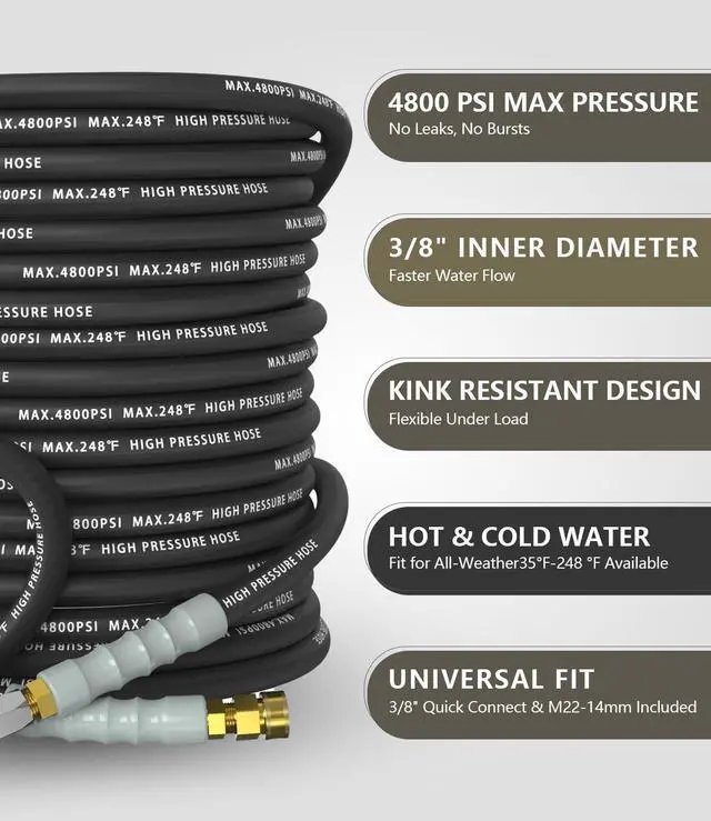 Alt view image 2 of 7 - 3/8" Pressure Washer Hose 50FT 4800 PSI, Kink Resistant Steel Braided Layer & NonMarking Rubber for Hot/Cold Water, High Power Washer Hose With 3/8 Inch Quick Connect & M22 Fitting, Black