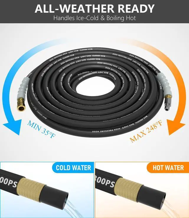 Alt view image 3 of 7 - 3/8" Pressure Washer Hose 50FT 4800 PSI, Kink Resistant Steel Braided Layer & NonMarking Rubber for Hot/Cold Water, High Power Washer Hose With 3/8 Inch Quick Connect & M22 Fitting, Black