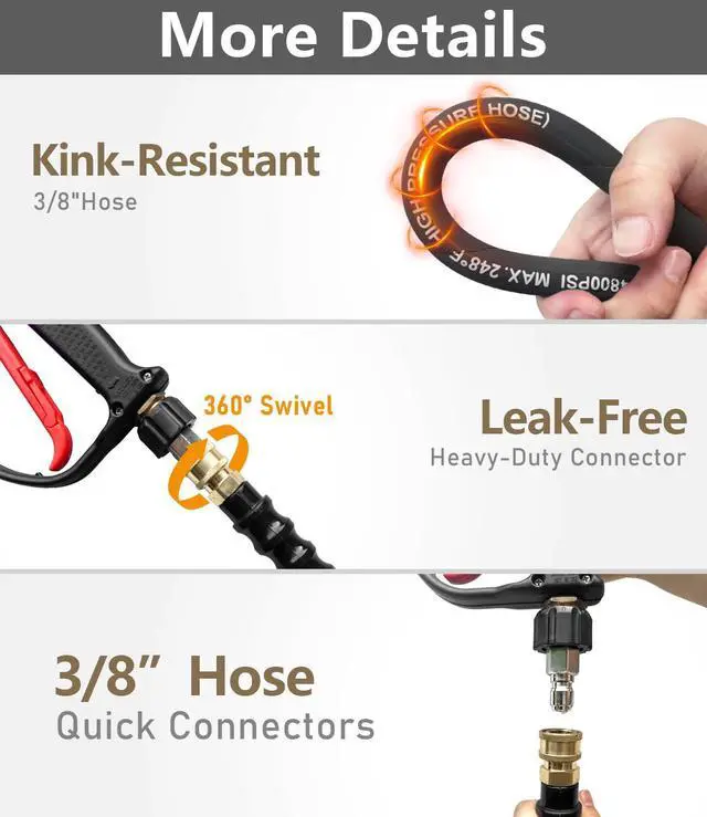 Alt view image 7 of 7 - 3/8" Pressure Washer Hose 50FT 4800 PSI, Kink Resistant Steel Braided Layer & NonMarking Rubber for Hot/Cold Water, High Power Washer Hose With 3/8 Inch Quick Connect & M22 Fitting, Black