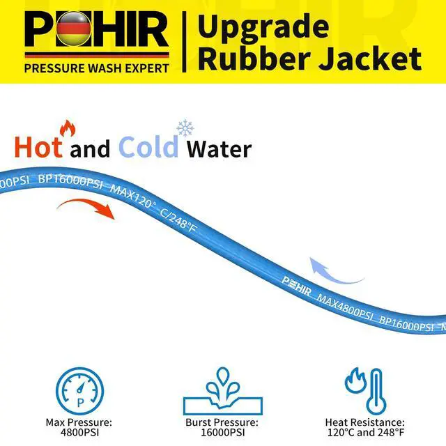 Alt view image 2 of 7 - Pressure Washer Hose 50FT 3/8" for Cold & Hot Water (Up to 248) 4800 PSI Kink Resistant Industrial Grade Steel Wire Braided QC Ends with 2 M22-14mm to 3/8" Adapters for Professional and Home