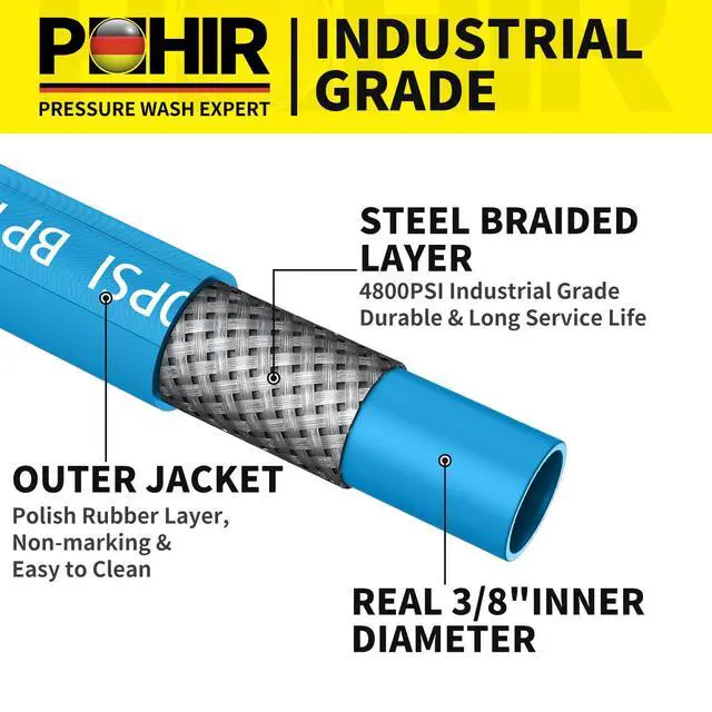 Alt view image 3 of 7 - Pressure Washer Hose 50FT 3/8" for Cold & Hot Water (Up to 248) 4800 PSI Kink Resistant Industrial Grade Steel Wire Braided QC Ends with 2 M22-14mm to 3/8" Adapters for Professional and Home