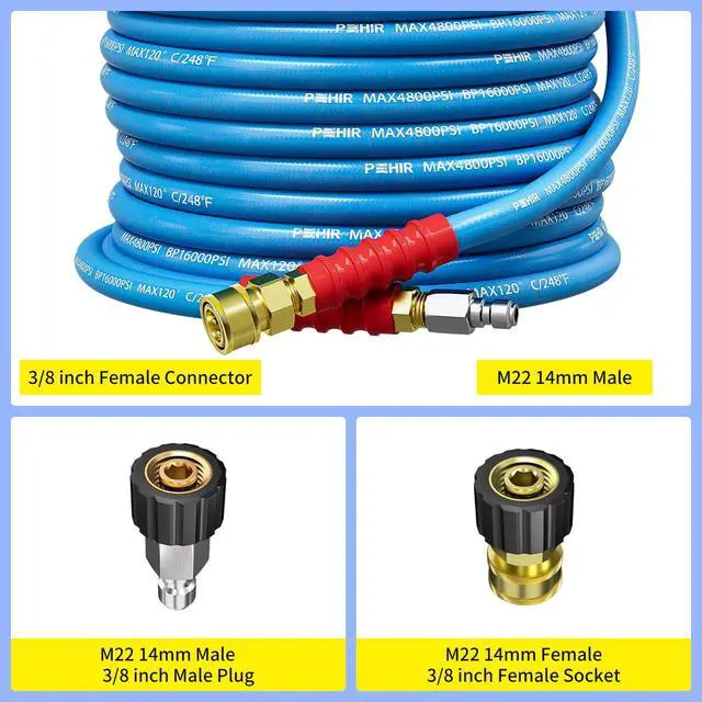 Alt view image 5 of 7 - Pressure Washer Hose 50FT 3/8" for Cold & Hot Water (Up to 248) 4800 PSI Kink Resistant Industrial Grade Steel Wire Braided QC Ends with 2 M22-14mm to 3/8" Adapters for Professional and Home