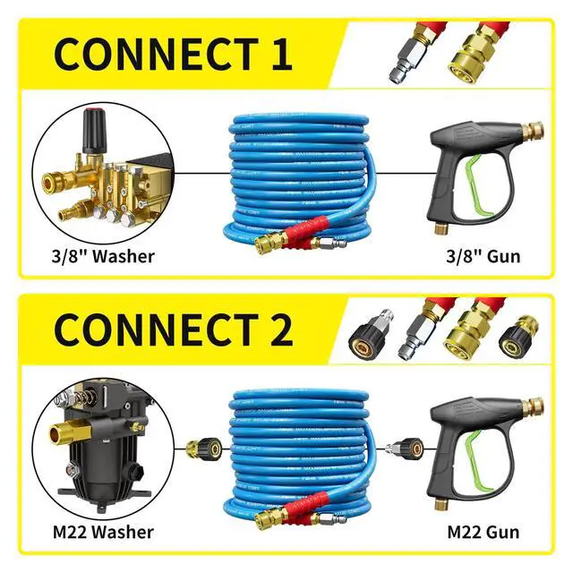 Alt view image 7 of 7 - Pressure Washer Hose 50FT 3/8" for Cold & Hot Water (Up to 248) 4800 PSI Kink Resistant Industrial Grade Steel Wire Braided QC Ends with 2 M22-14mm to 3/8" Adapters for Professional and Home
