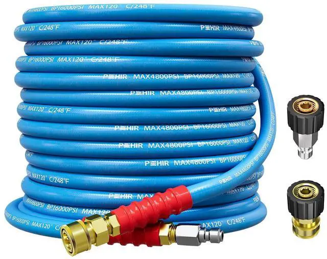 Main image of Pressure Washer Hose 50FT 3/8" for Cold & Hot Water (Up to 248) 4800 PSI Kink Resistant Industrial Grade Steel Wire Braided QC Ends with 2 M22-14mm to 3/8" Adapters for Professional and Home