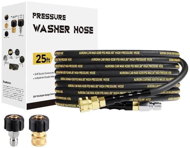 Main image of Pressure Washer Hose 25FT with 3/8 Inch Quick Connect, Kink Resistant High Tensile Wire Braided, with 2 pcs M22 14mm Adapter Set, 4200 PSI Power Washer Hose